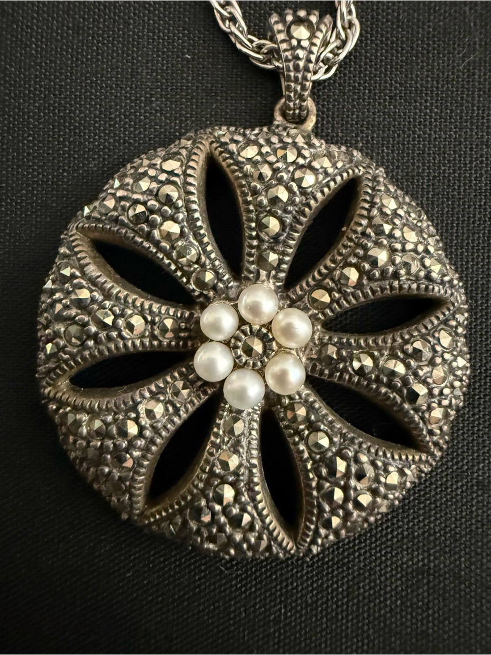 Judith Jack 925 Sterling Silver Marcasite Pearl Floral Pendant Necklace